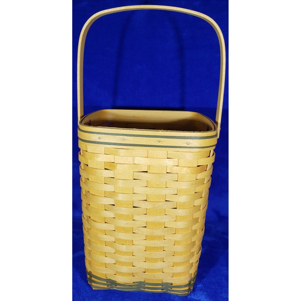 2002 Longaberger Tall Basket w/Green Accent Weave, Swing Handle and Protector